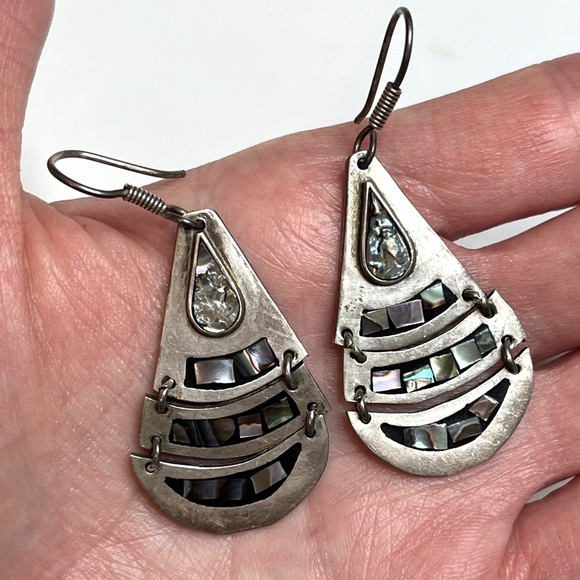 Vintage Abalone Earrings 925 Sterling Silver Mexico Taxco Onyx Dangle Teardrop - Picture 5 of 9